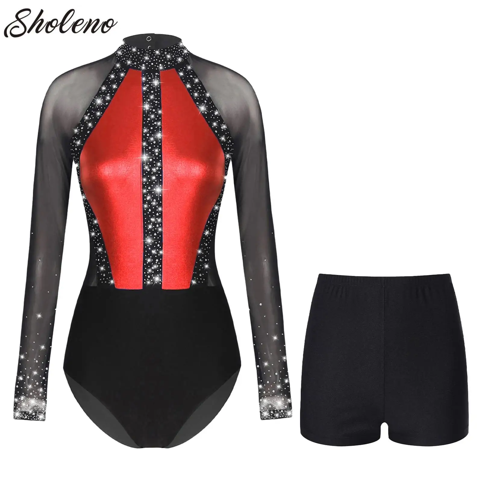 

Womens Rhinestone Ballet Leotards Gymnastics Bodysuit with Shorts Bottom Set Stage Performance Sleeveless Workout Dance Wear