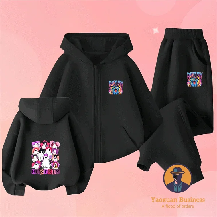

Trendy KPop Demon Hunters Boys Girls Little Kids Zip Up Hoodie Set Cute Cartoon Print Windproof Warm Autumn Winter Fashion