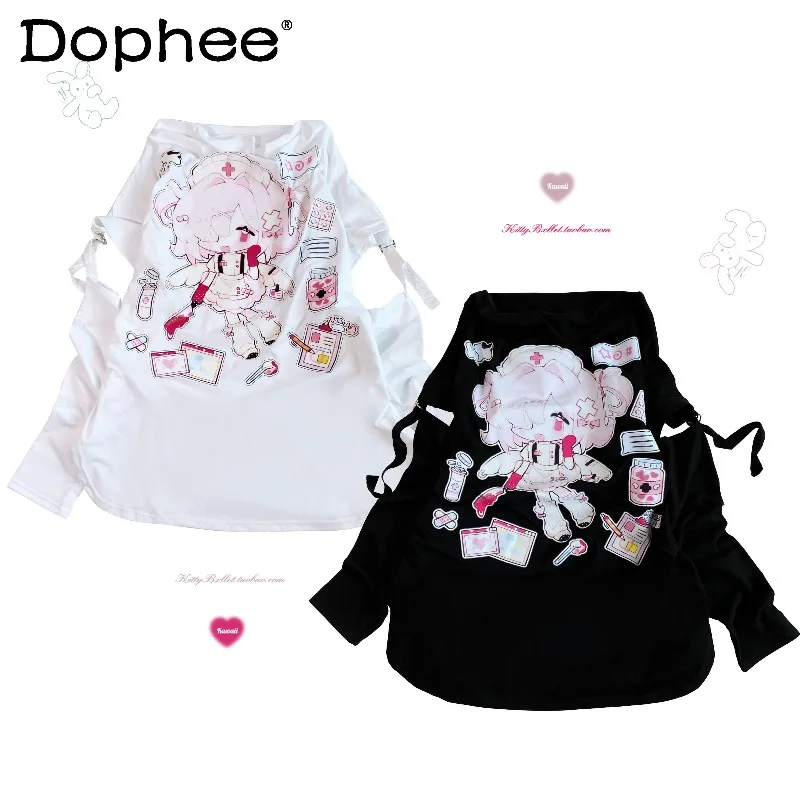 

2026 Spring New Anime Sweet Cool Cute Girl Long Sleeve Top Y2K Subculture Japanese Original Pink Loose Casual T-Shirt