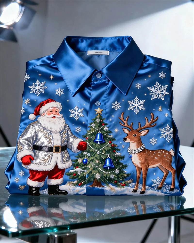 New men's shirt dark green satin Santa Claus Christmas tree gold bell reindeer print slim fit trendy men's shirt