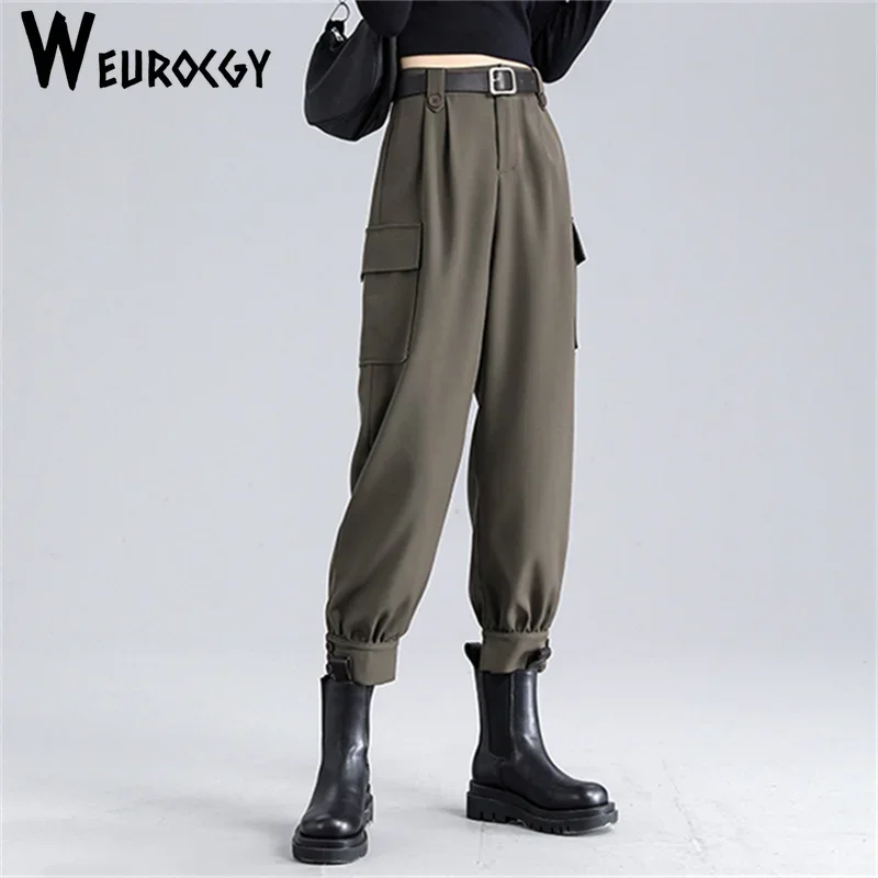 Pantalon cargo taille haute monochrome pour femme, pantalon Hip-Hop, ceintures de pieds groupées, décontracté, nouveau style, Y2K, automne, hiver, 2024