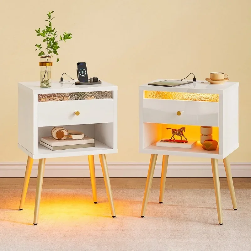

Set of 2 LED Nightstand with Charging Station, Modern Bedside Table with Drawer and Open Storage for Bedroom