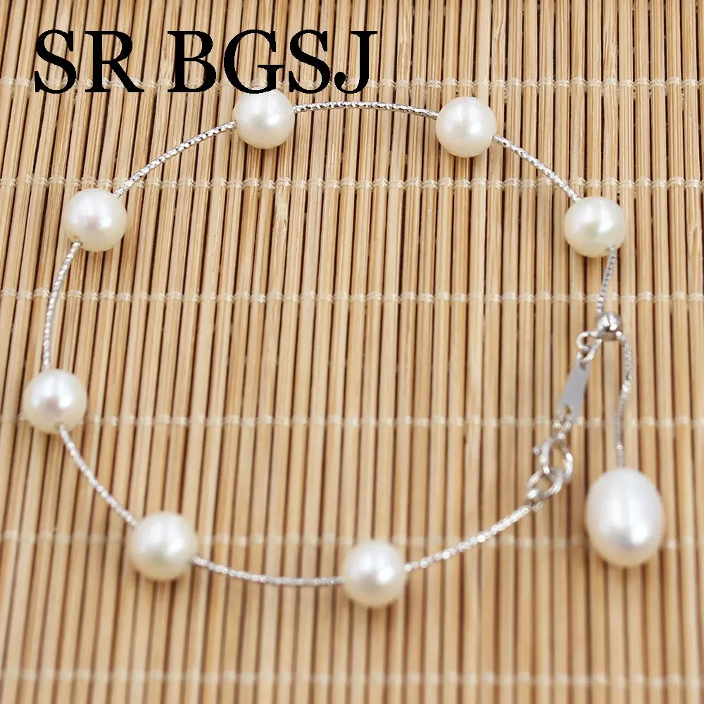 6-7mm AAA Round White High Quality Natural Freshwater Pearl Beads Gold Plated Silver Chains Bracelet 17cm