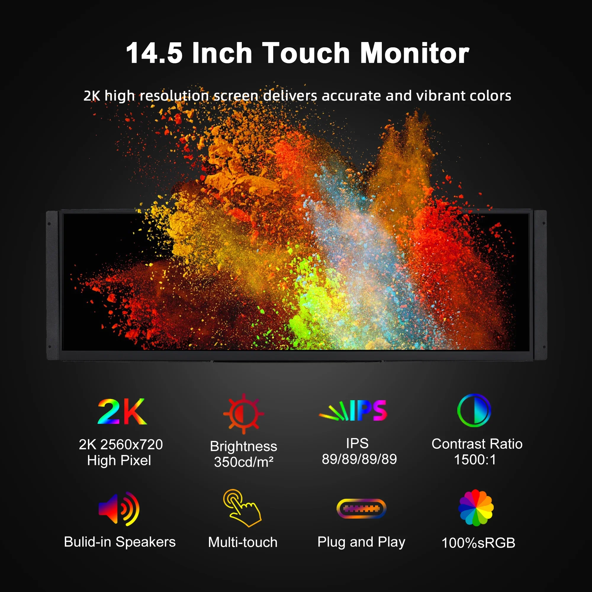 14.5 Inch 2.5K 2560*720 Portable Touch Monitor Game Secondary Screen Display with Speaker and Stand for 4000D PC Case