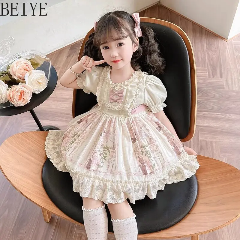New 2026 Girls' Summer Lolita Princess Dresses Baby Girl's Puffy Short Sleeve Bowknot Birthday Party Dress for Children's