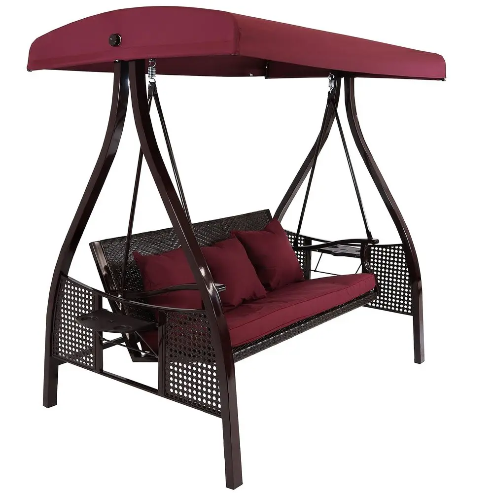 

3Person Patio Swing with Side Tables Adjustable Tilt Canopy 600 lb Capacity Steel and Polyester Merlot