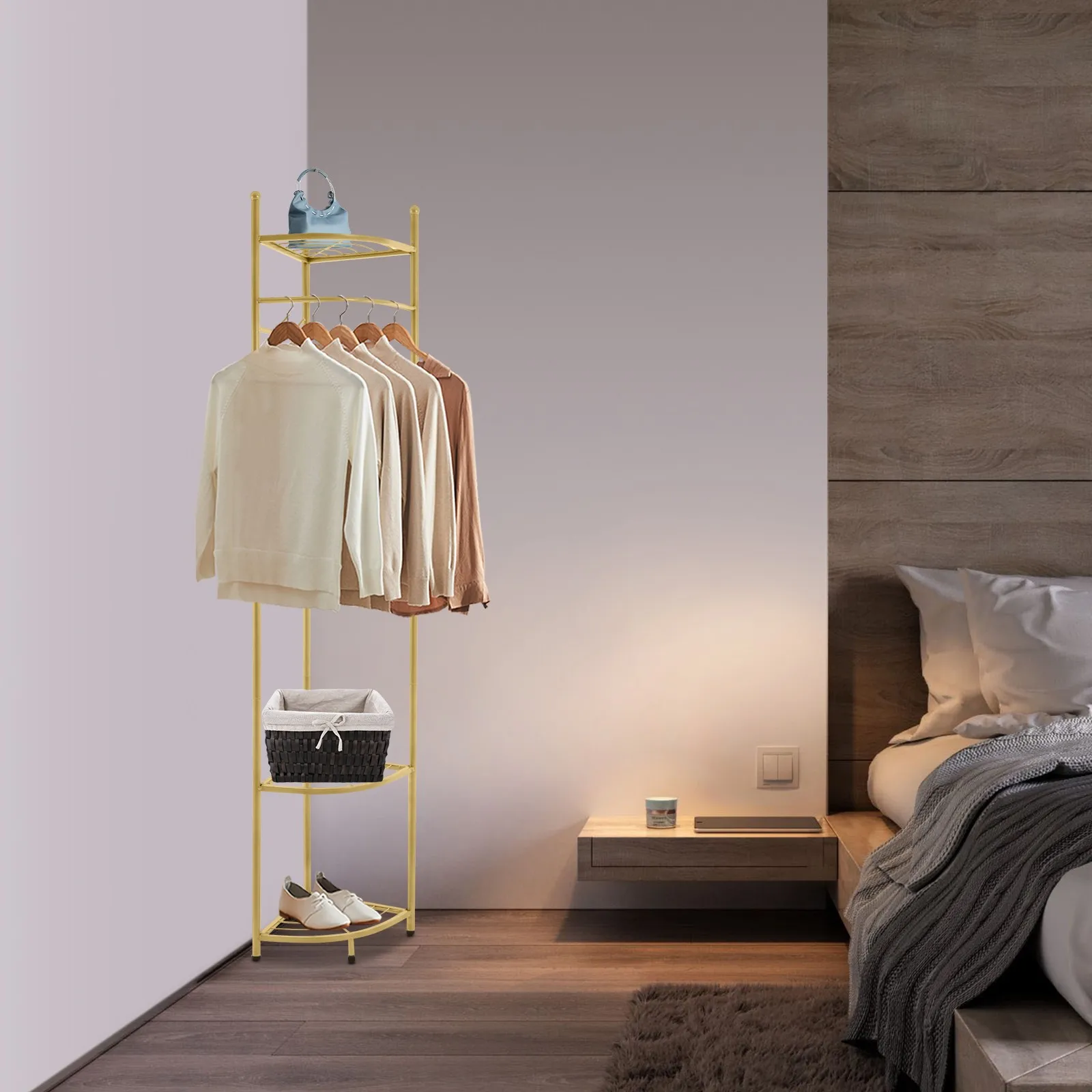 68" Garment Coat Clothes Stand Rack Hat Shoe Metal Hanger Holder Shelf W/4Hooks