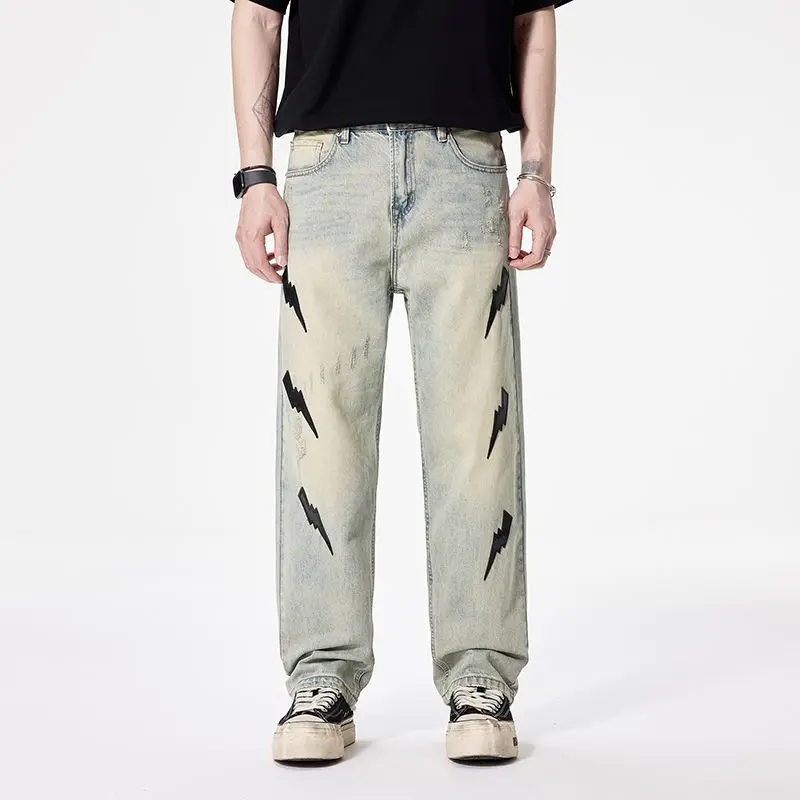 

Men's Fashion New Style 2025 Straight Tube High Quality Lightning Pattern Jeans mens jeans streetwear men jeans for men