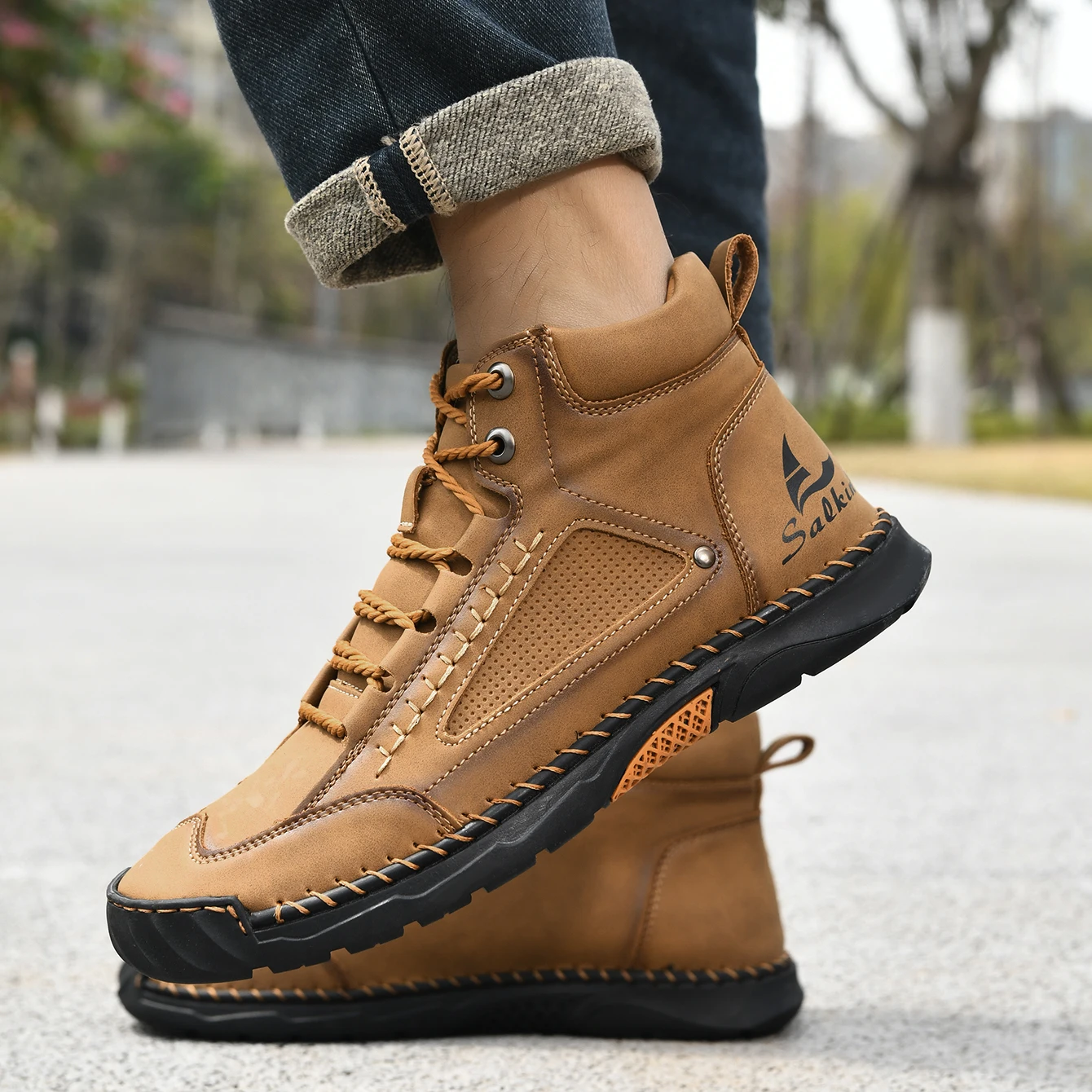 Hand-nähen Casual Leder Schuhe Männer Stiefel Outdoor Herbst Retro Atmungsaktive Casual Schuhe Lace Up Blau Stiefeletten Winter