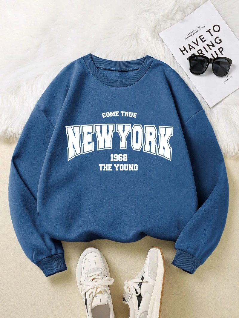 Cartoons Women Hoodie New York 1968 Letter Printing Sweatshirt Soft Breathable Loose Crewneck Pullover Fashion Female Clothing