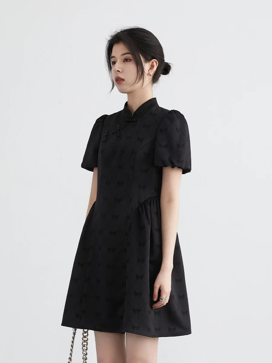 CHIC VEN Women\'s Dresses Black Slim Fit New Chinese Style Bubble Short Sleeve Cheongsam Mid Length Dress Spring Summer 2024