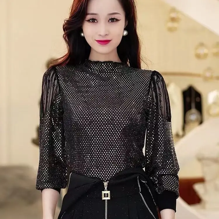

Модная женская рубашка с блестками, 232 весна и осень, новый стиль, кружевная футболка в стиле ретро с длинными рукавами, топ
