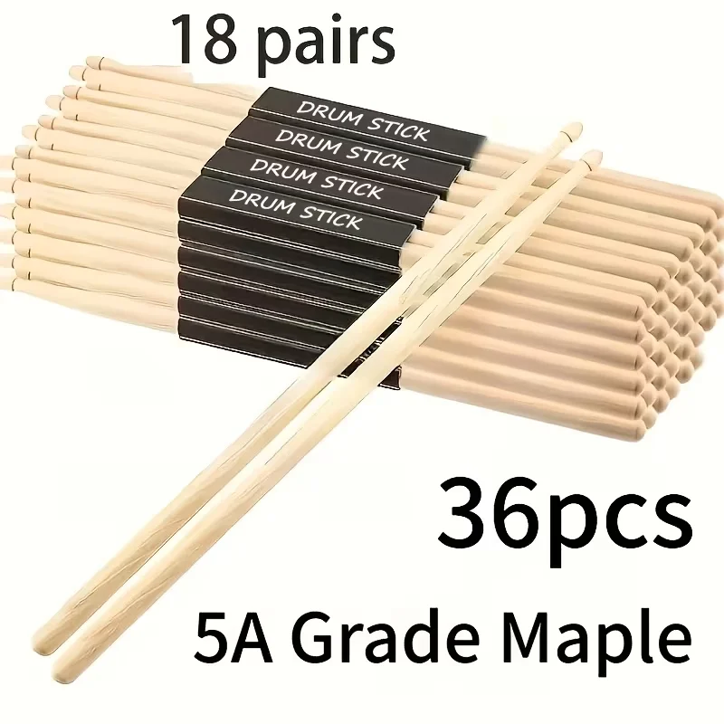 36 Pieces (18 Pieces) of 5A Grade Maple Drumsticks, Classic Oval Wooden Drumstick Heads, Suitable for School Bands and Musical Instruments, Percussion Instrument Accessories, Wooden Tip Drumsticks, Tone-Matched Maple D