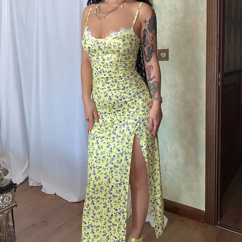 

2025 Summer Fashion New Small Floral Sexy Slit Suspender Lace Dress Women's Commuter Party Elegant A-line Skirt Streetwear