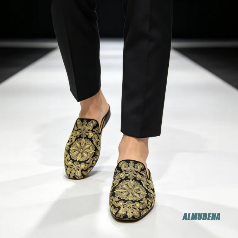 Black Gold Floral Embroidered Men's Mules Slip-On Round Toe Flat Loafers Street Style Slippers Party Backless Casual Shoes