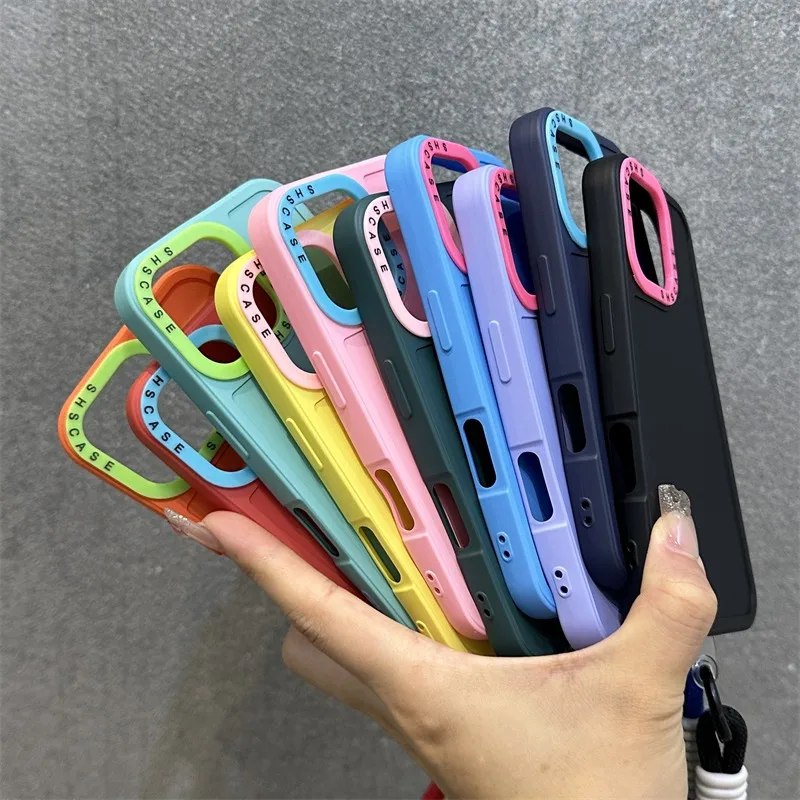 Funda protectora de lente de Color de colisión para iPhone 17 16 15 ProMax 17Air 14 Plus 13 12 11 Xs Max Xr X cubierta de correa de muñeca de lujo