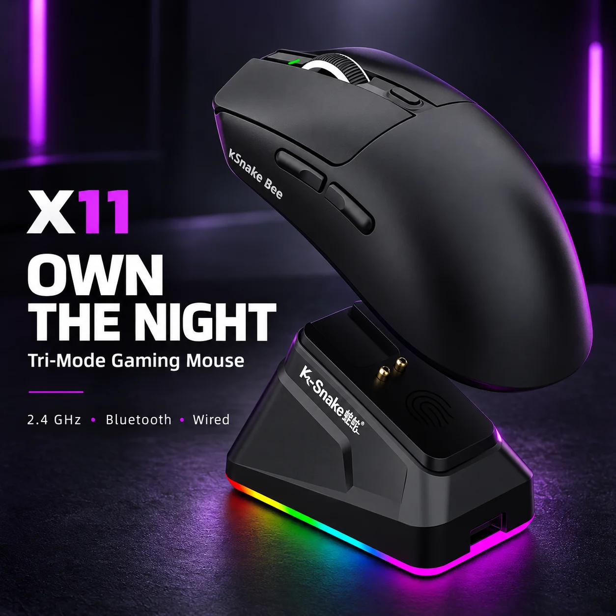 Rato sem fios para jogos X11, com três modos de conexão, sensor PAW3311, 2.4G, Bluetooth, iluminação RGB, base de carregamento, leve e com design ergo