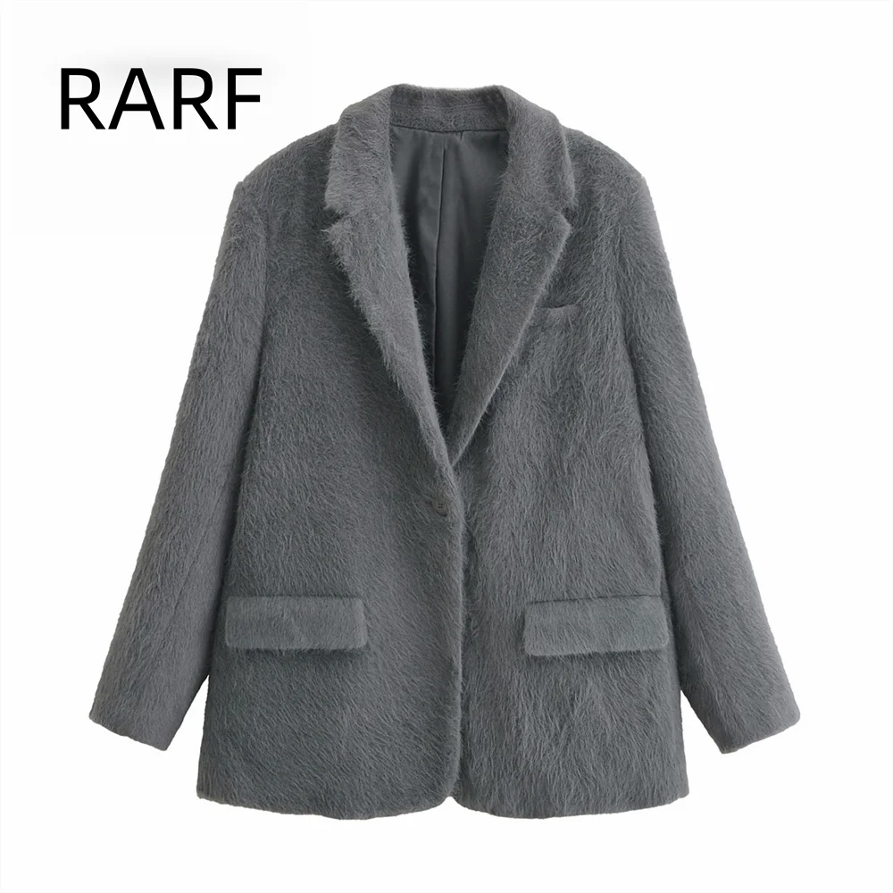 

New autumn and winter women's clothing lapel long sleeved synthetic fur effect straight cut suit soft jacket