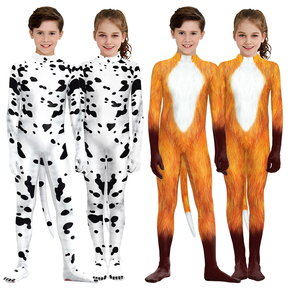 

Kids Cosplay Fox Costume Zentai Bodysuit Carnival Party Dress up Boy Girl Halloween Animal Dairy Cow with Tail Catsuit Jumpsuit