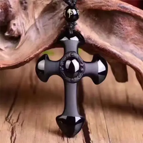

100% Natural Obsidian Black Jade Agate Pendant Christian Jesus Cross Amulet Wholesale