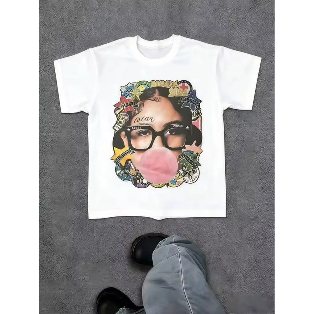 Loose Plus Size Y2K Style Fashion Star Pattern T-Shirt Harajuku Hip-Hop Street Clothing, Retro Letter Print Round Collar
