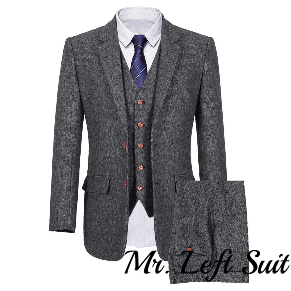 Herringbone Wool 3 Piece Suit For Men High Quality Custom Suit Men Tweed Suit Vintage Men Tweed Jacket Set (Jacket+Vest+Pants)