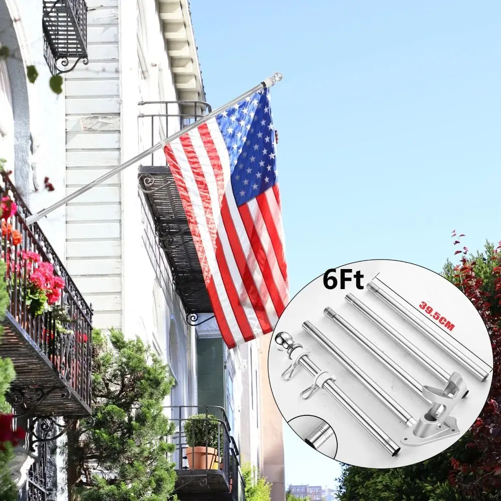 Wall Mounted Mount Telescopic Flag Pole Top House Wall Bracket Base 6Ft Stand Flagpole Collapsible Yard Banner Holder