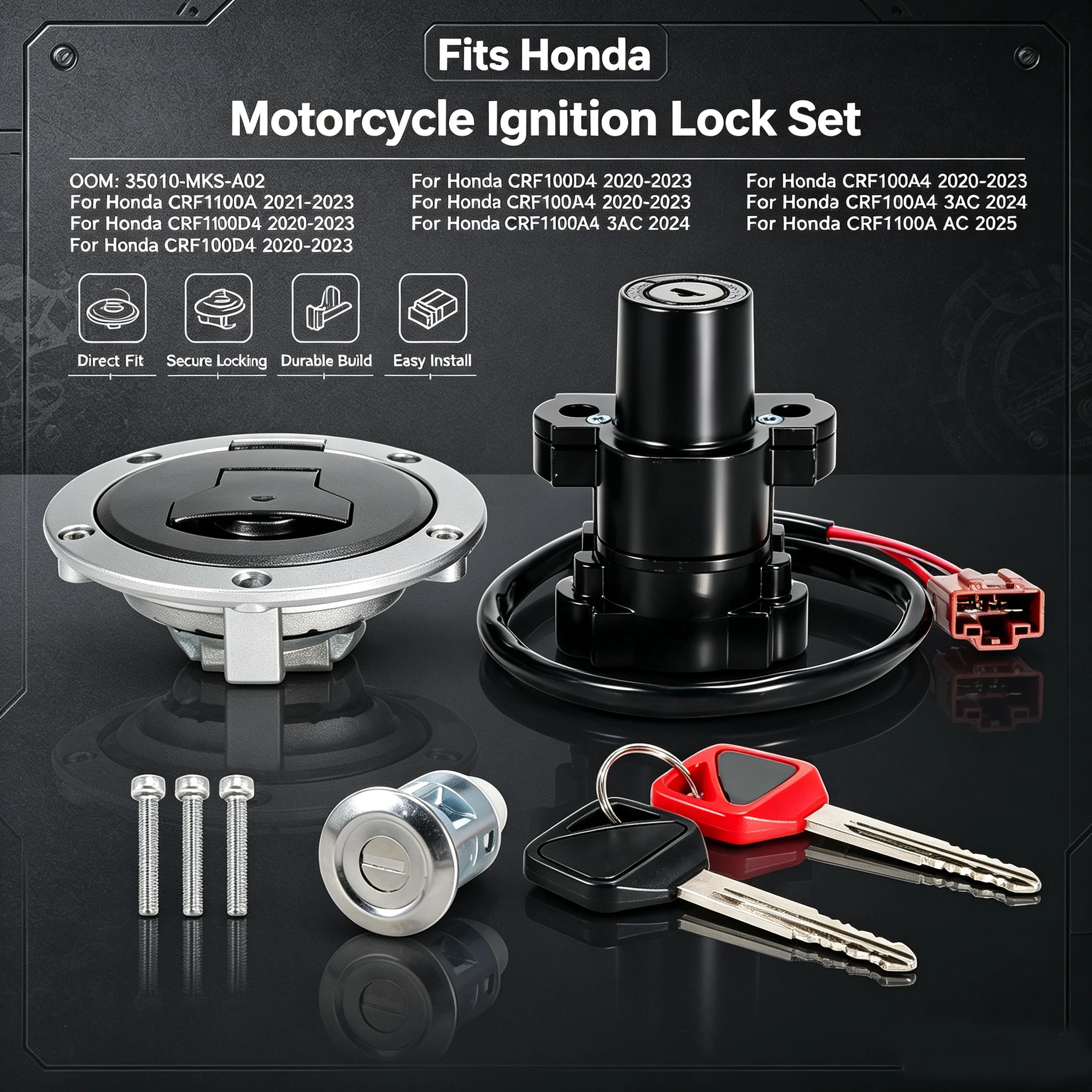 35010-MKS-A02 Fuel Gas Cap Ignition Switch Seat Lock with Key Kit For Honda CRF1100A CRF1100D4 CRF1100A4 CRF1100A4 CRF1100A