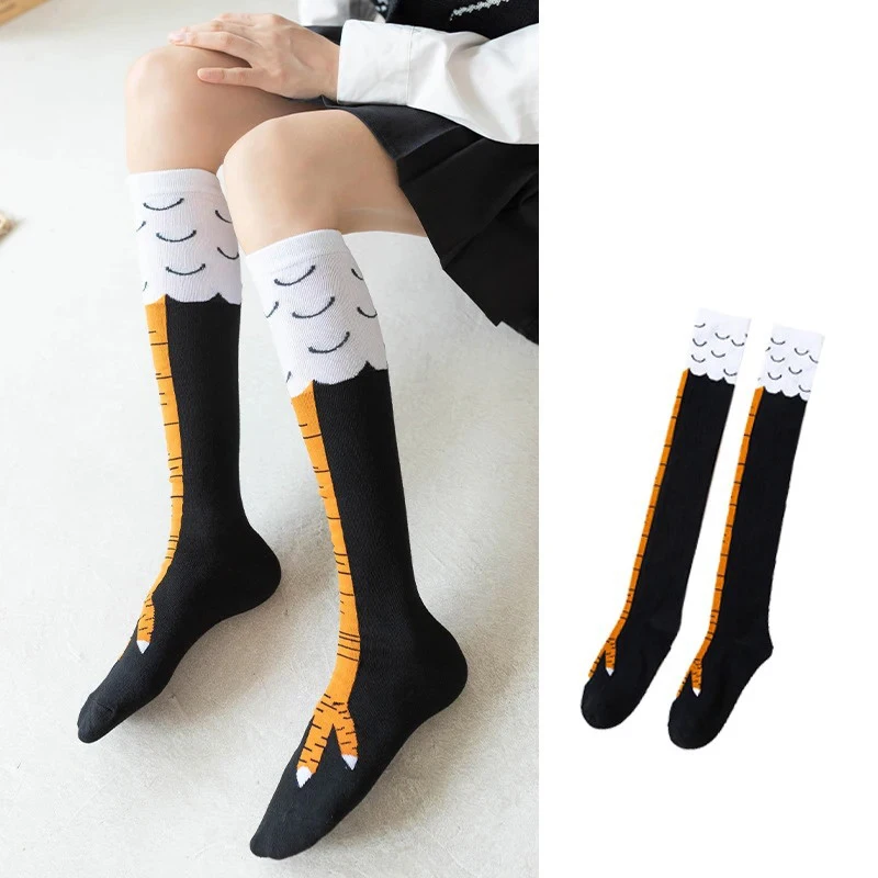 Calcetines largos por encima de la rodilla con estampado 3D de patas de pollo para mujer, calcetines altos hasta el muslo, algodón, dibujos animados divertidos