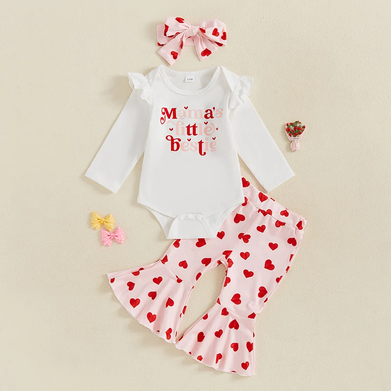 

2024-09-19 Lioraitiin Toddler Girls Spring Sets Letter Hearts Print Long Sleeve O Neck Rompers with Flare Pants and Bow Headband