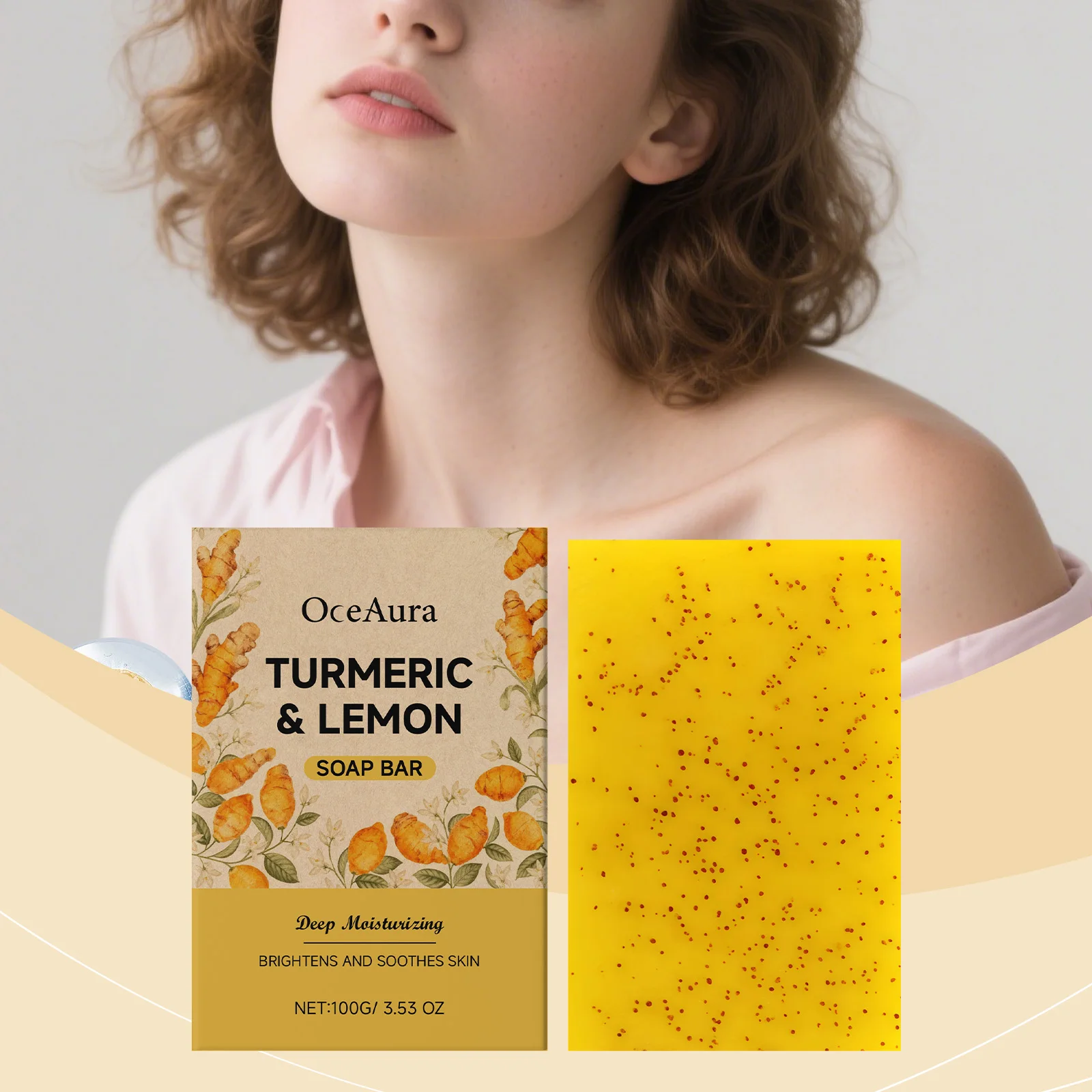 

Turmeric & Lemon Cleansing Soap: Gently cleanses the skin, suitable for full-body use, and leaves a lasting fragrance.