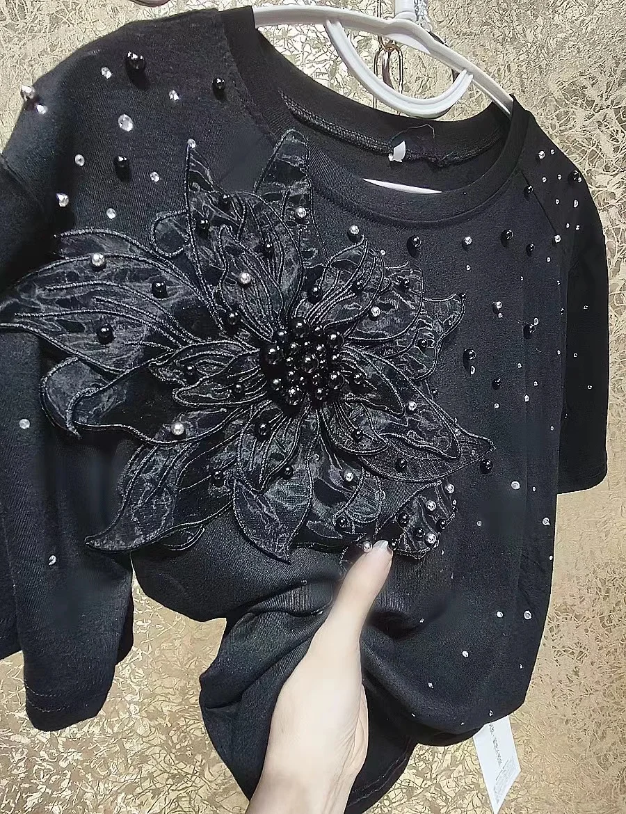 Luxury Style Beaded Diamonds T-shirt  3D Flowers Cotton T-shirts Short Sleeve Black Jumpers Tops Tees Women Clothes