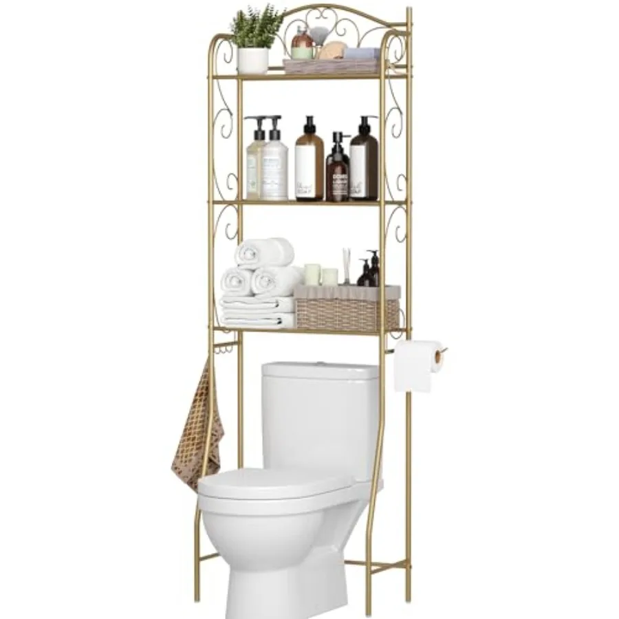 

Over The Toilet Storage Shelf 3-Tier Over Toilet Bathroom Organizer Rack Freestanding Space Saver Toilet Stands with Hooks Gold