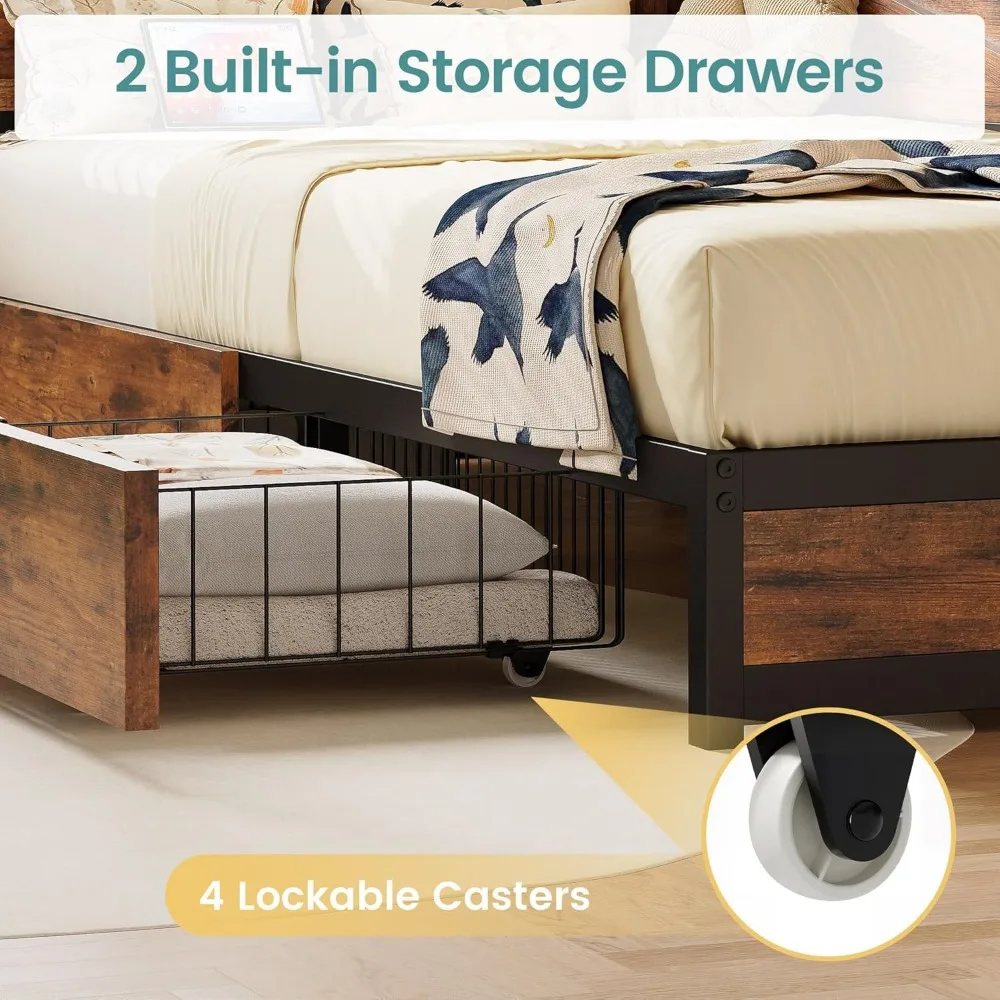 Twin Daybed with Storage Drawers, Corner Bed Frame with LED Lights and Charging Station for Living Room, Bedroom and Guest
