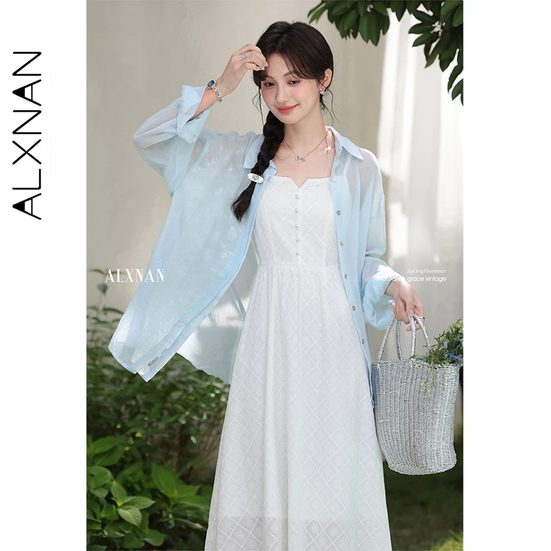 ALXNAN Blaues Hemd, Sonnenschutz, Polokragen, lockere Passform, Langarmhemden, 2025, Sommerurlaub, Strand, lässige Damenoberteile, L56306