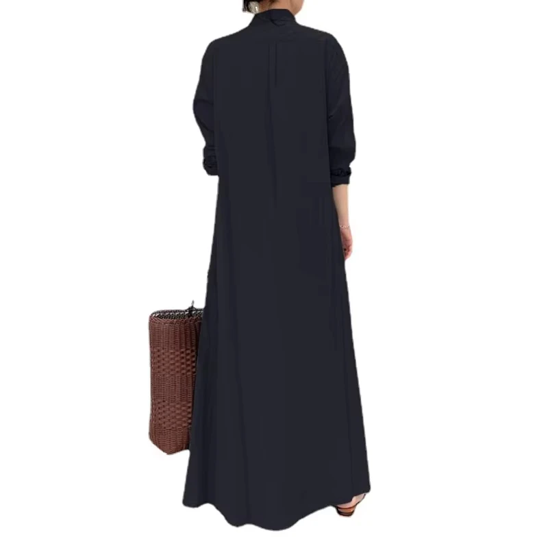 Plain Dresses Fashion Stand Collar Flowy Dresses Comfortable Long Sleeve Shirt Long Dresses Casual Single Breasted Dresses