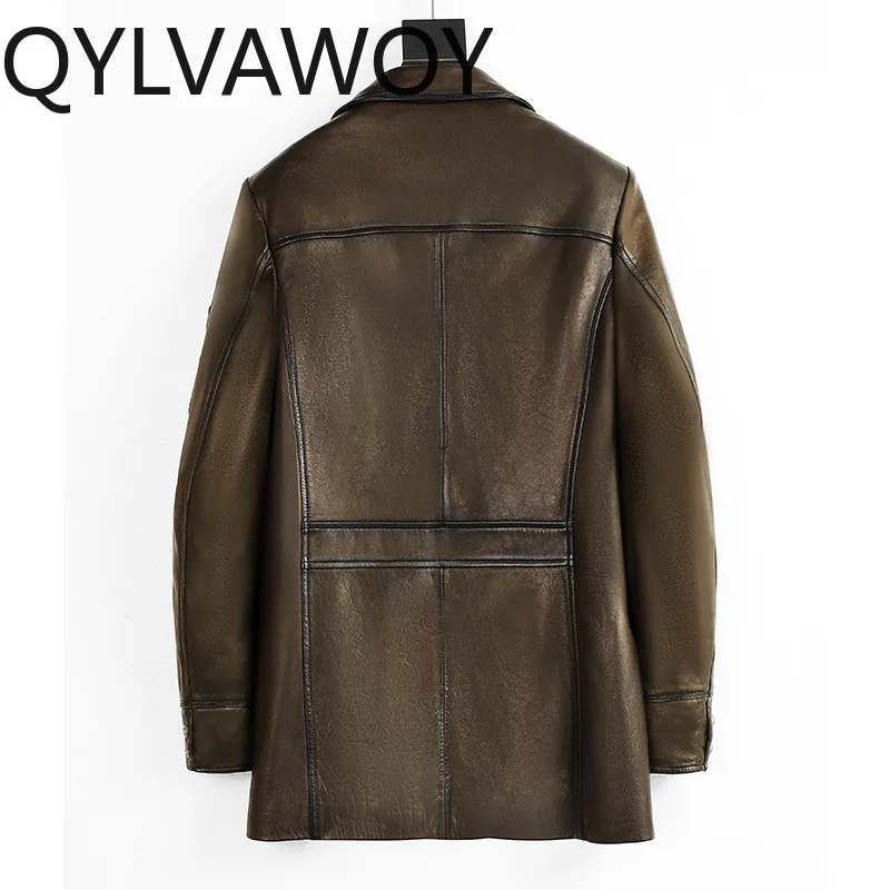 QYLVAWOY Genuine Leather Jacket Man Clothing Men's Leather Coat Oil Wax Sheepskin Mid-length Windbreaker Outerwears lederjacke