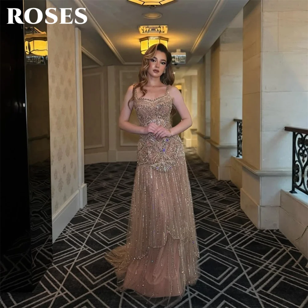 

ROSES Champagne Evening Gown Spaghetti Strap Prom Dress Glitter Sequin Wedding Evening Dress A Line robes de soirée Customized