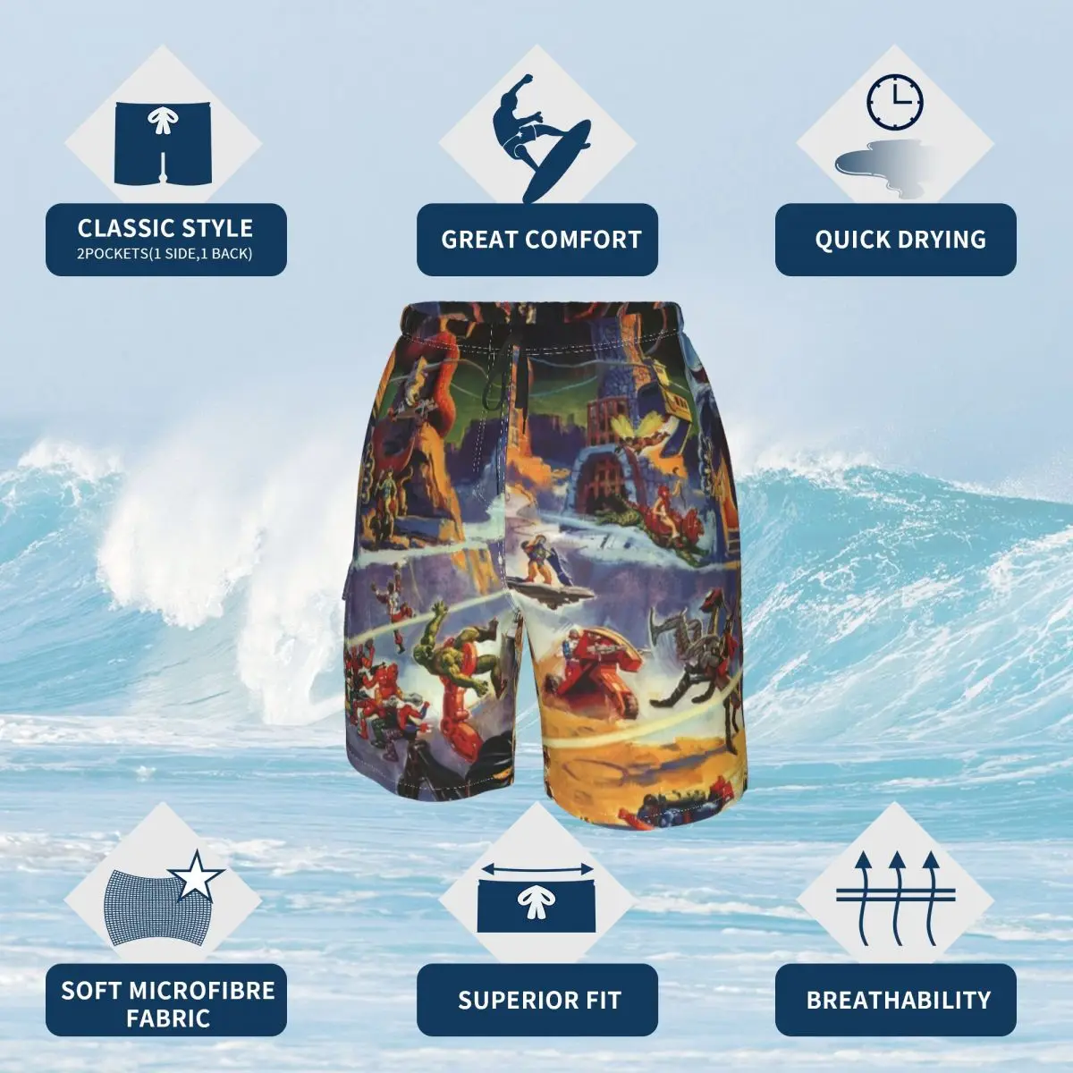 Masters Of The Universe Board Shorts Anime Character	 Board Short Pants Drawstring Comfortable Custom Swimming Trunks