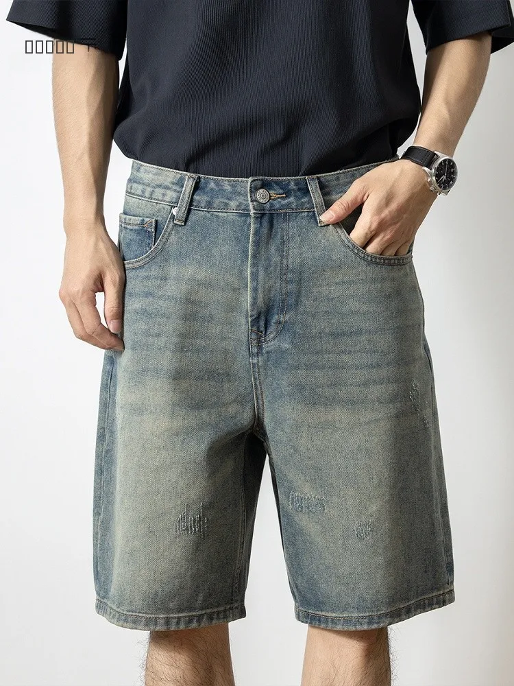 

Cotton Public 2025 Summer New Straight Leg Denim orts Men's American Retro Waed Five-Part Mid-Pants Trendy Casual Jeans