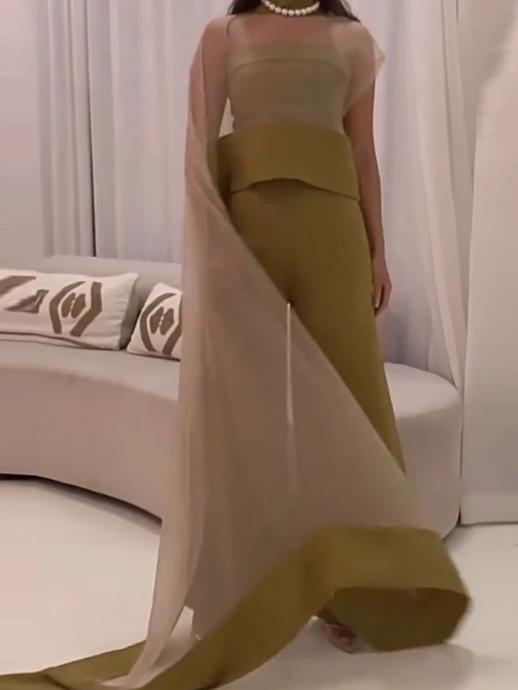 

Fashion Mesh Splicing Shawl Solid Playsuit Elegant Strapless Hight Waist Long Jumpsuit Sexy Sleeveless Backless Wide Leg Romper