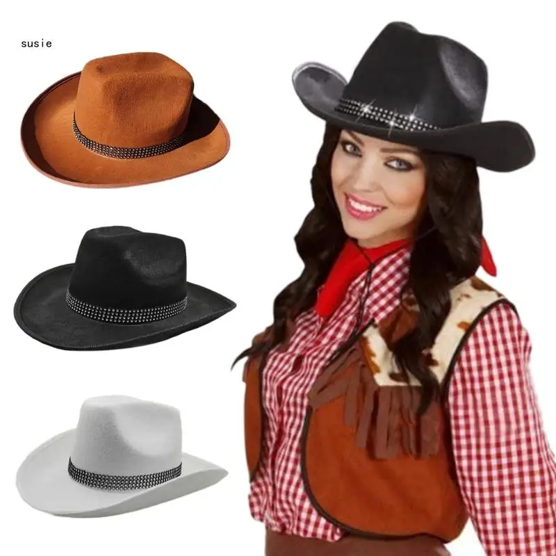 X7YA Cowgirl Hat for Adult Cowboy Hat with Decorative Rhinestones Strip Fits Most Women and Girls for Theme Party