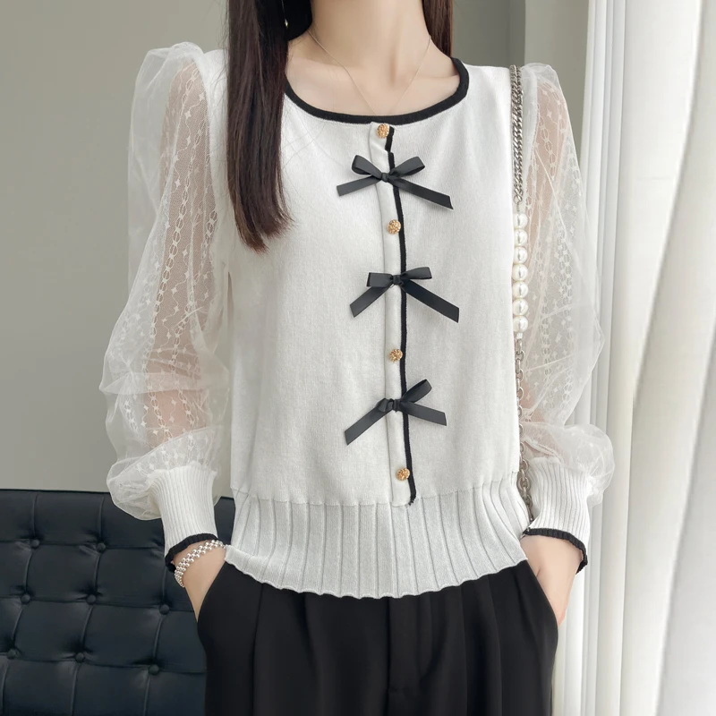 

Spring Summer Women New Silk Organdy Sweater O-neck Lantern Sleeve Lace Hollow Out Pullover Bow Casual Knit Bottoming Tops