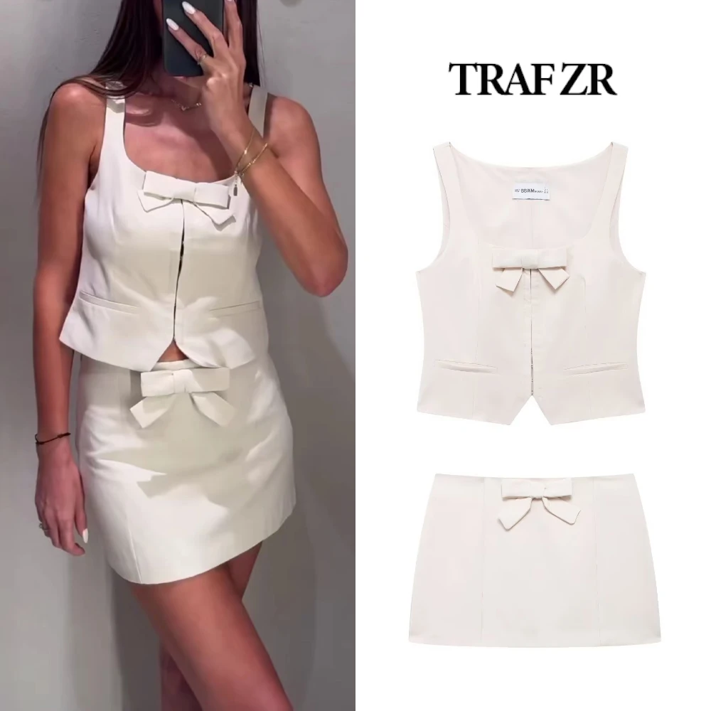 TRAF ZR Bow Skirt Sets Elegant Women\'s 2 Pieces Sets Sleeveless Cardigan Set Hidden Breasted Square Collar Top + Mini Skirt