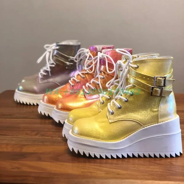 real photo colorful leather lace up high platform wedge heel trainers high top women bright color wedge platform sneakers