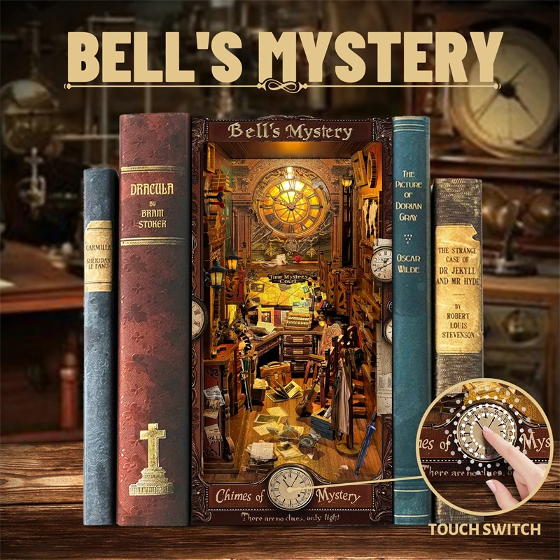 DIY Wooden Bell's Mystery Book Nook Shelf Insert Miniature Model Kits Bookshelf with Light Bookend for Friends Birthday Gifts