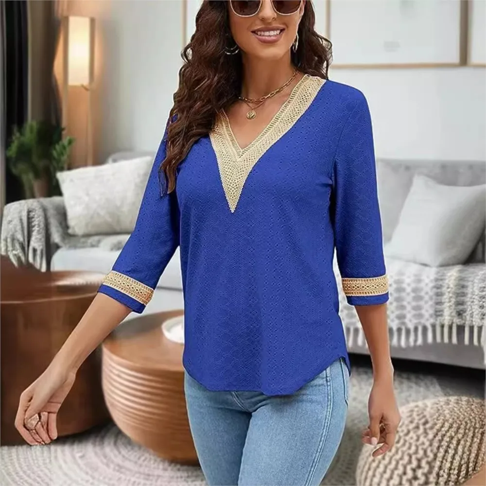 New Women\'s Lace Patchwork V-neck Casual Solid Color Shirt Female White 3/4 Sleeve Pullover Blouse Tops Femme Blusas Elegantes