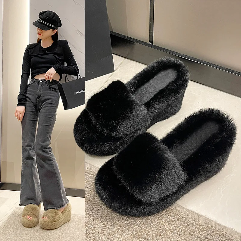 Scarpe di pelliccia pantofole Casual Platform Slides Slipers donna Flock On A Wedge Low Plush Luxury 2024 Hoof Heels roma tessuto gomma