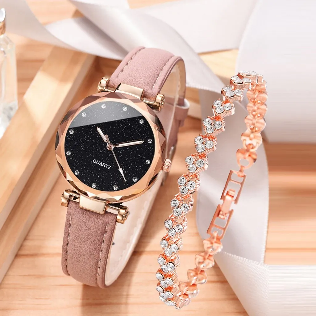 2pcs Luxury Fashion Women Watch Set PU Leather Strap Ladies Quartz Wristwatch Rhinestone RoseGold Alloy Bracelet For Ladies Gift