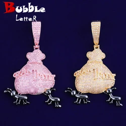 Bubble Letter Iced Out Ant Money Bag Necklace Pendant for Men Micro Pave Real Gold Plated Hip Hop Jewelry